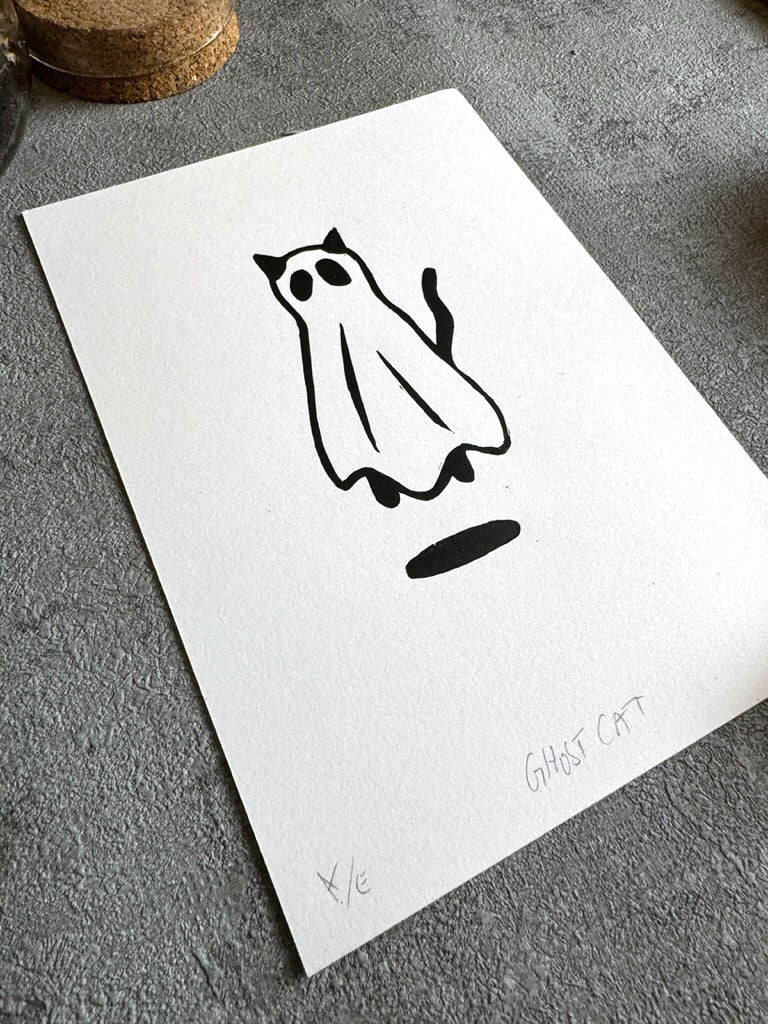 Ghost Cat — Limited Edition Hand-Pressed Linocut Print
