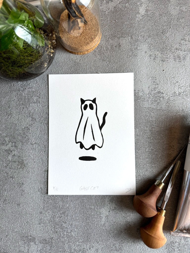 Ghost Cat — Limited Edition Hand-Pressed Linocut Print