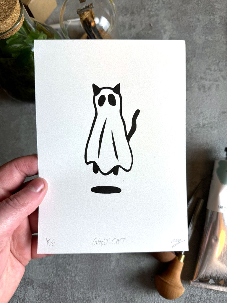 Ghost Cat — Limited Edition Hand-Pressed Linocut Print